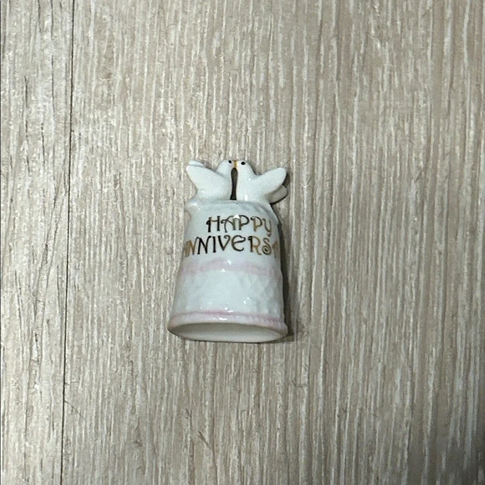 Enesco Happy Anniversary Porcelain Thimble with Doves - White and Pink 1.5in